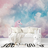 Magical unicorn wall mural creating a dreamy atmosphere in a modern playroom setting