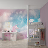 Pink and blue unicorn wallpaper bringing enchantment to a nursery with neutral decor