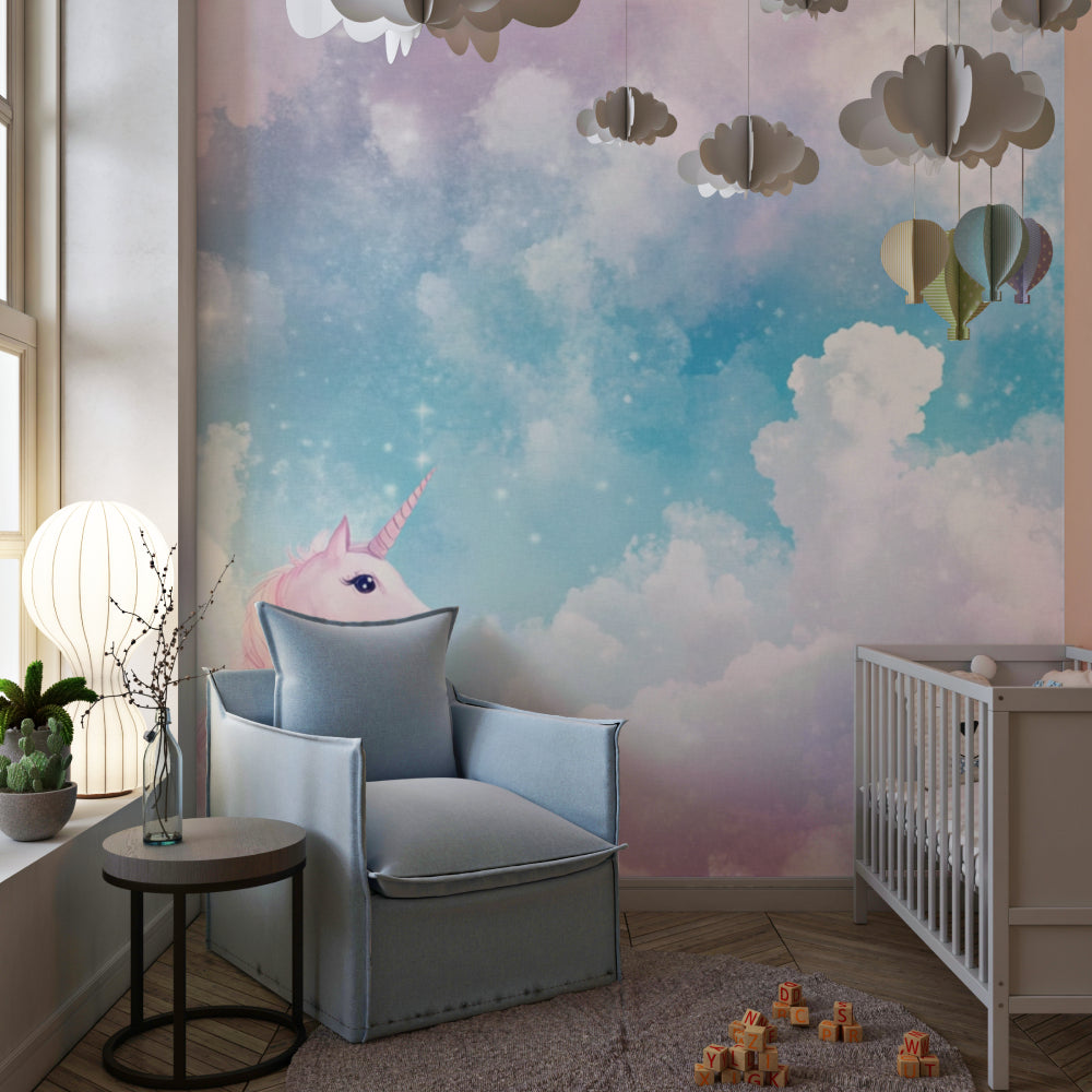 Dreamy unicorn mural displayed in a reading nook with cozy cushions and soft lighting