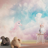 Unicorn wall design brightening up a girl's bedroom with matching pastel accessories