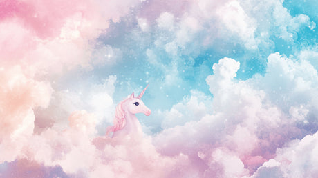 Design file showing detailed unicorn pattern with dreamy pink and blue cloud elements