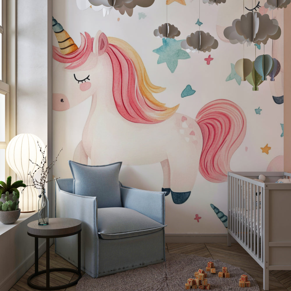 Unicorn wall mural transforms a bright kids bedroom with magical watercolor design and floating stars