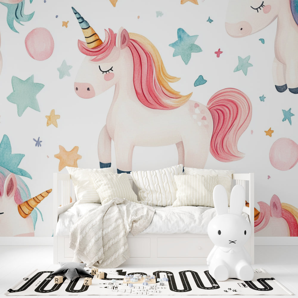 Magical unicorn mural brings whimsy to a modern playroom with cloud and star details