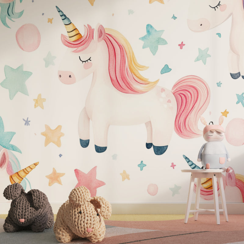 Girl's bedroom featuring enchanting unicorn wallpaper with pink and golden accents
