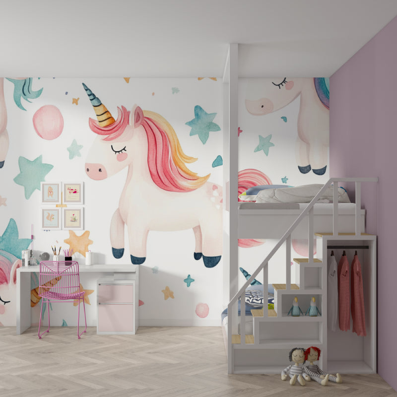 Reading nook enhanced by whimsical unicorn wall mural with floating stars and clouds