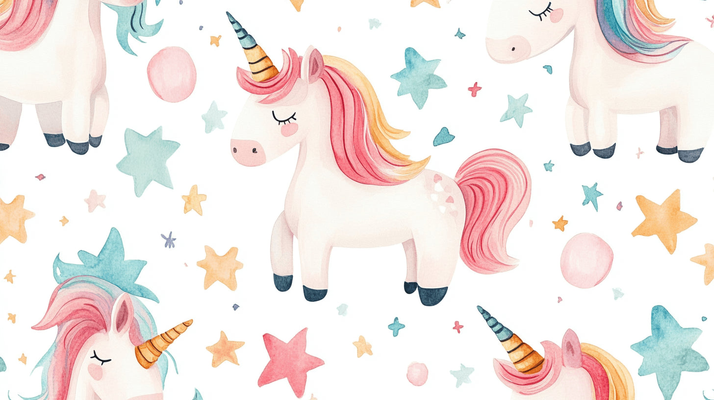 Unicorn wallpaper design file showing delicate watercolor artwork with stars and cloud pattern