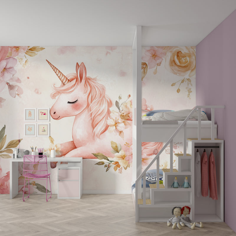 Playroom decorated with magical unicorn mural wallpaper showing scale and colors