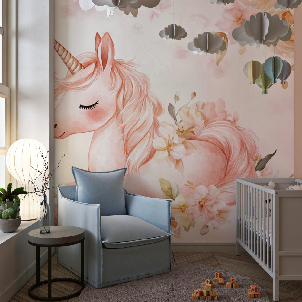 Close-up of unicorn wallpaper detail in child's reading nook