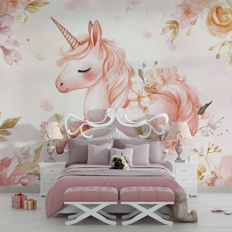 Unicorn mural installation in modern kids room showing full wall effect