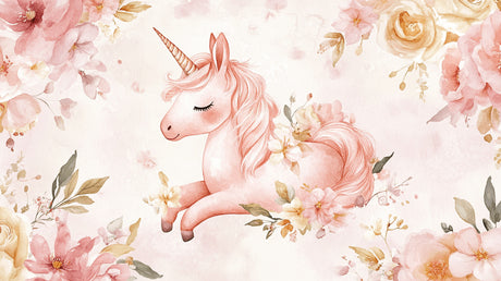 Unicorn wallpaper design file showing watercolor floral pattern and pink unicorn illustration