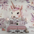 Magical Unicorn Wallpaper in modern girl's bedroom with pink accents and white furniture