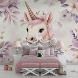 Magical Unicorn Wallpaper in modern girl's bedroom with pink accents and white furniture