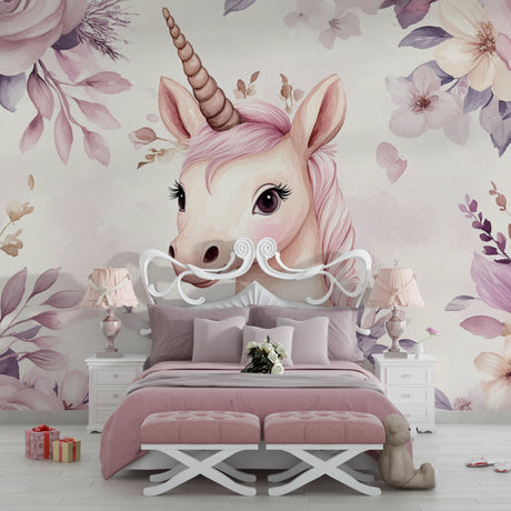 Magical Unicorn Wallpaper in modern girl's bedroom with pink accents and white furniture