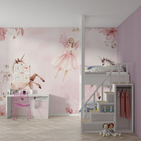 Unicorn fairy wallpaper in a bright children's bedroom with soft pink accents and white furniture