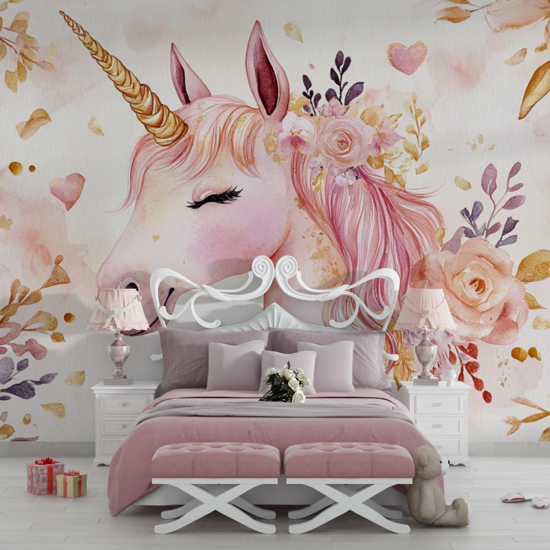 Unicorn wall mural creating magic in a modern girl's bedroom with pink and gold accents