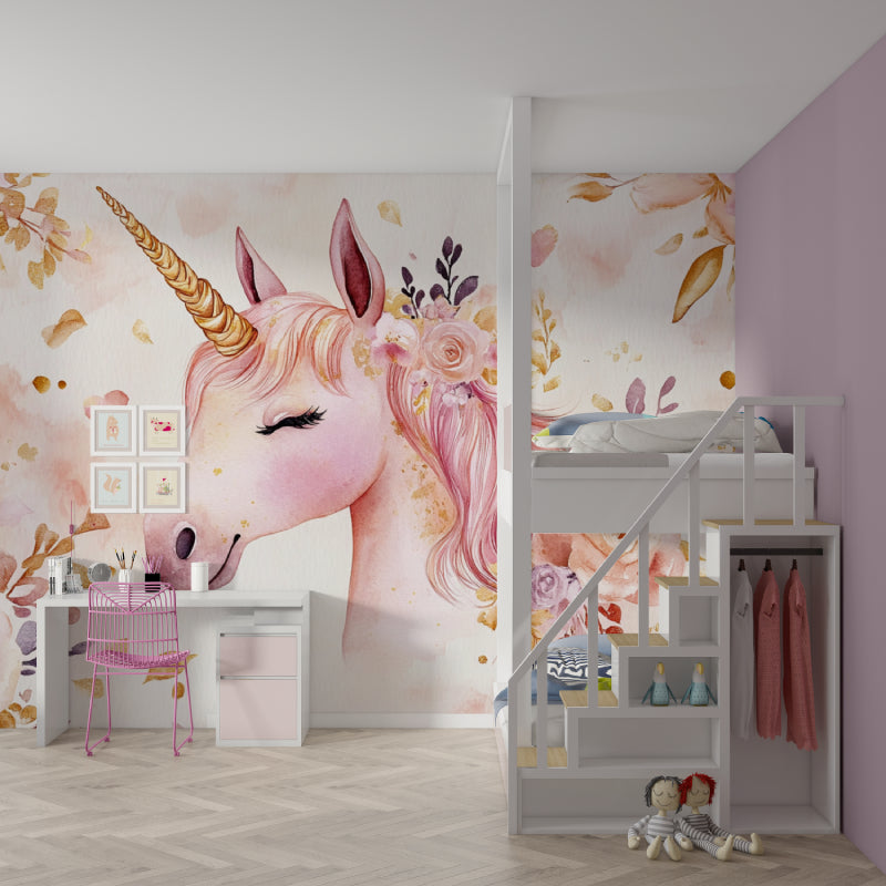 Pink and gold unicorn wallpaper brightening a child's playroom with natural light