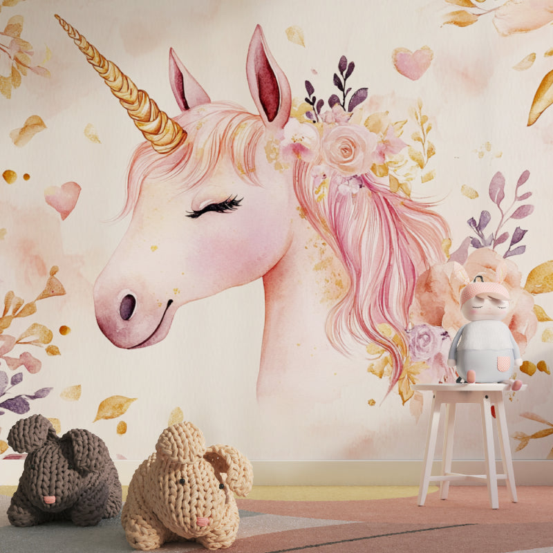 Floral unicorn mural adding charm to a nursery with white furniture