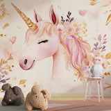 Floral unicorn mural adding charm to a nursery with white furniture