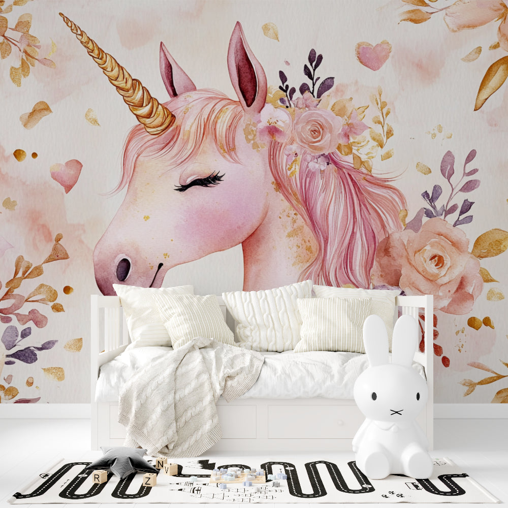 Magical unicorn wallpaper transforming a reading nook with soft lighting