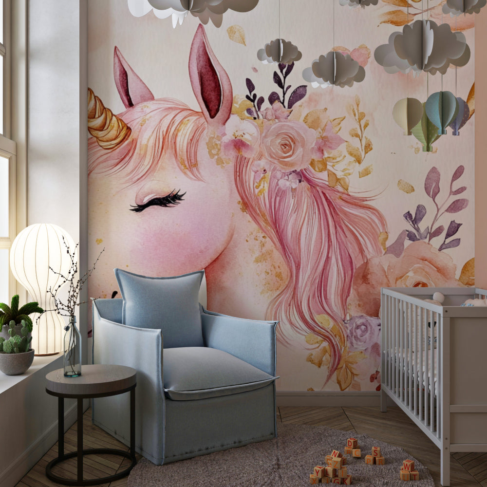 Pink unicorn wall mural enhancing a modern princess-themed bedroom
