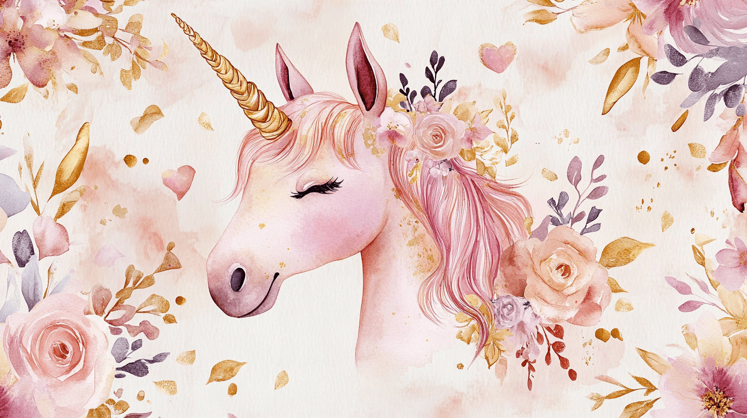 Unicorn wallpaper design file showing detailed watercolor pattern with gold accents