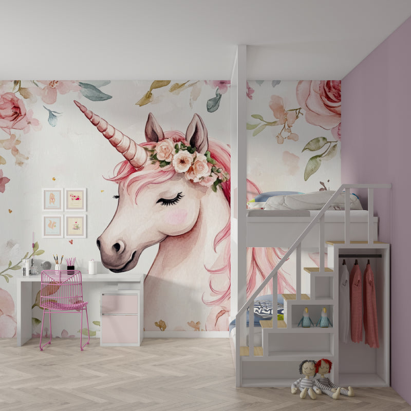 Pink Unicorn Wallpaper creating magic in a girl's bedroom with soft lighting and fairy lights