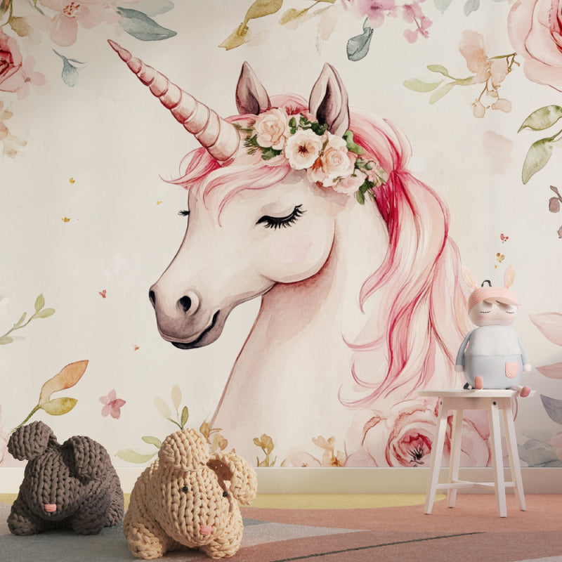 Unicorn Wall Mural brightening a playroom with matching pink accessories