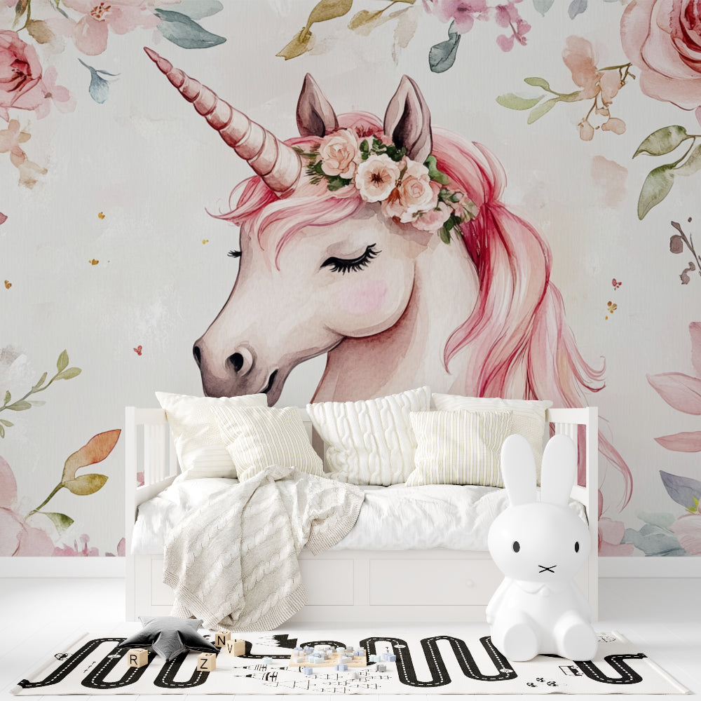 Pink Unicorn Mural adding wonder to a reading nook with cozy pillows
