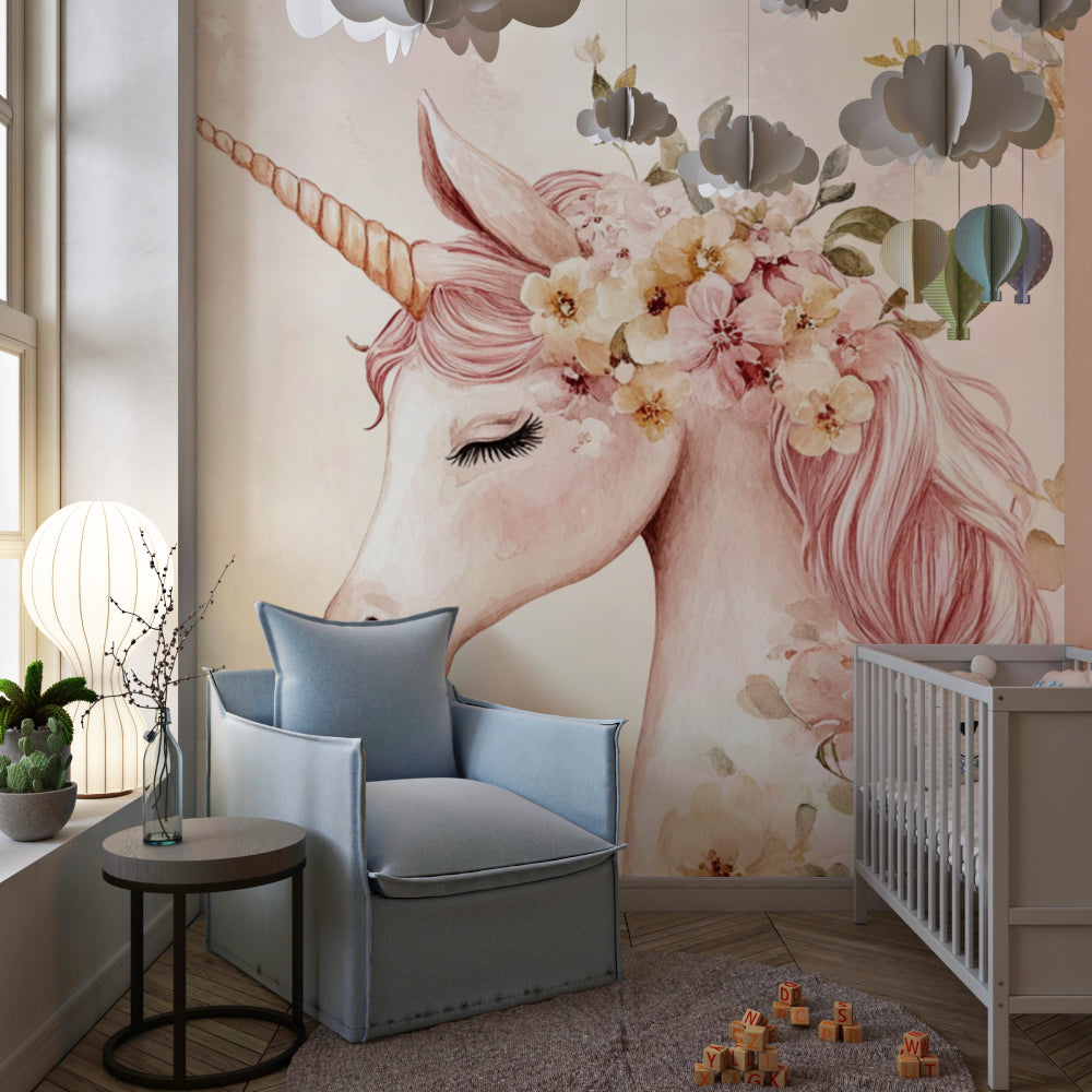 Pink Unicorn Wallpaper creating a magical atmosphere in a bright nursery with white furniture