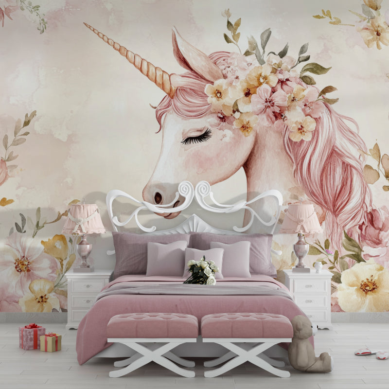 Floral Unicorn Mural in a girl's bedroom with pastel decor