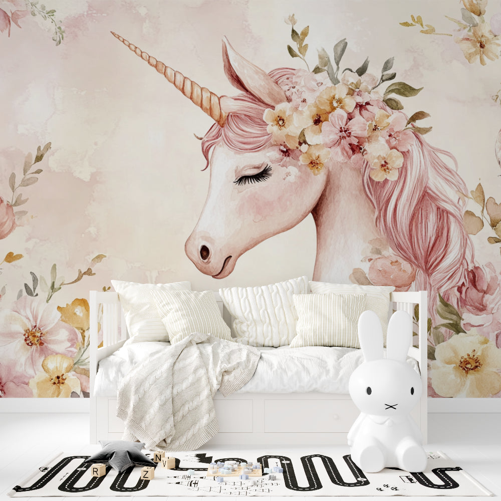 Pink Floral Unicorn Wall Mural in a modern kids bedroom