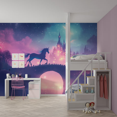 Unicorn castle wallpaper creating magic in a girl's bedroom with soft pink lighting and dreamy atmosphere