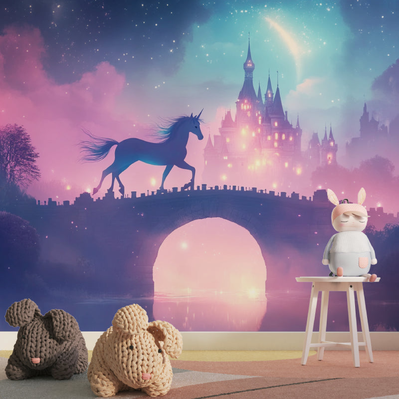 Princess castle wallpaper creating a cozy reading nook with magical unicorn theme