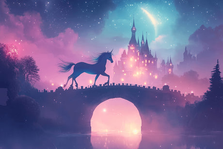 Unicorn and castle design file showing detailed pattern with pink twilight sky and magical elements