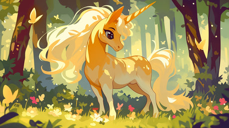 Unicorn wall mural bringing magic to a cozy children's bedroom with soft lighting and story corner setup