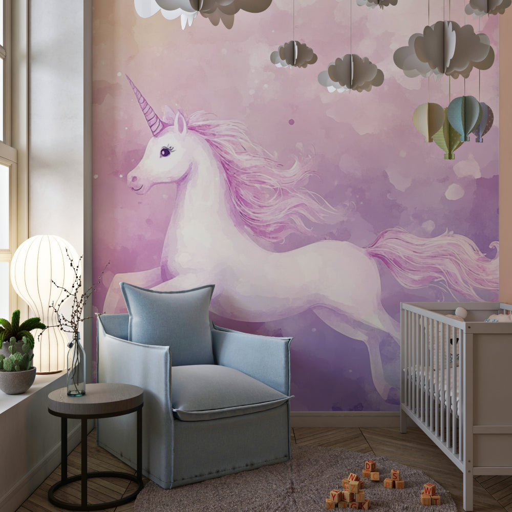Pink and purple unicorn wallpaper creating an enchanting atmosphere in a nursery with white furniture