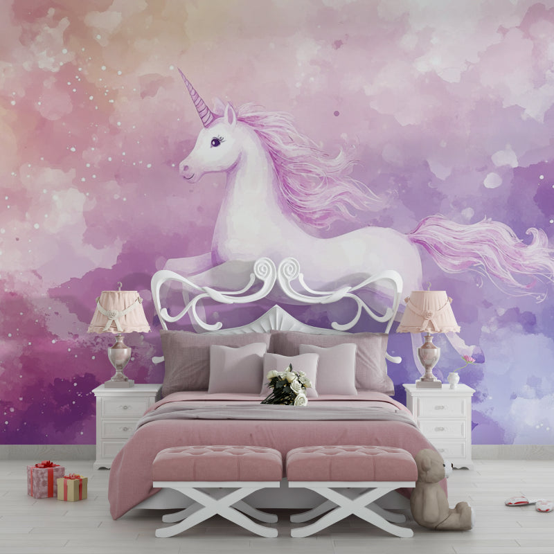 Fantasy unicorn mural in a reading nook, showing the full scale of the dreamy watercolor design