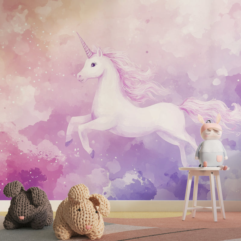 Unicorn wall mural bringing magic to a modern kids' bedroom with minimal decor