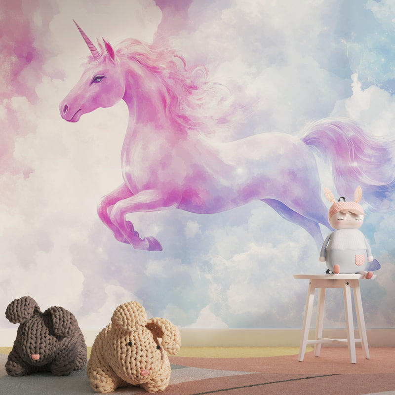 Fantasy unicorn wallpaper showcased in a reading nook with soft lighting