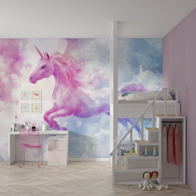 Watercolor unicorn mural bringing magic to a child's study area