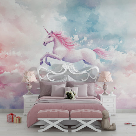 Pink unicorn wallpaper creating magic in a bright girl's bedroom with white furniture