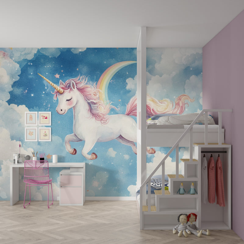Rainbow unicorn wallpaper transforming a playroom into an enchanted space