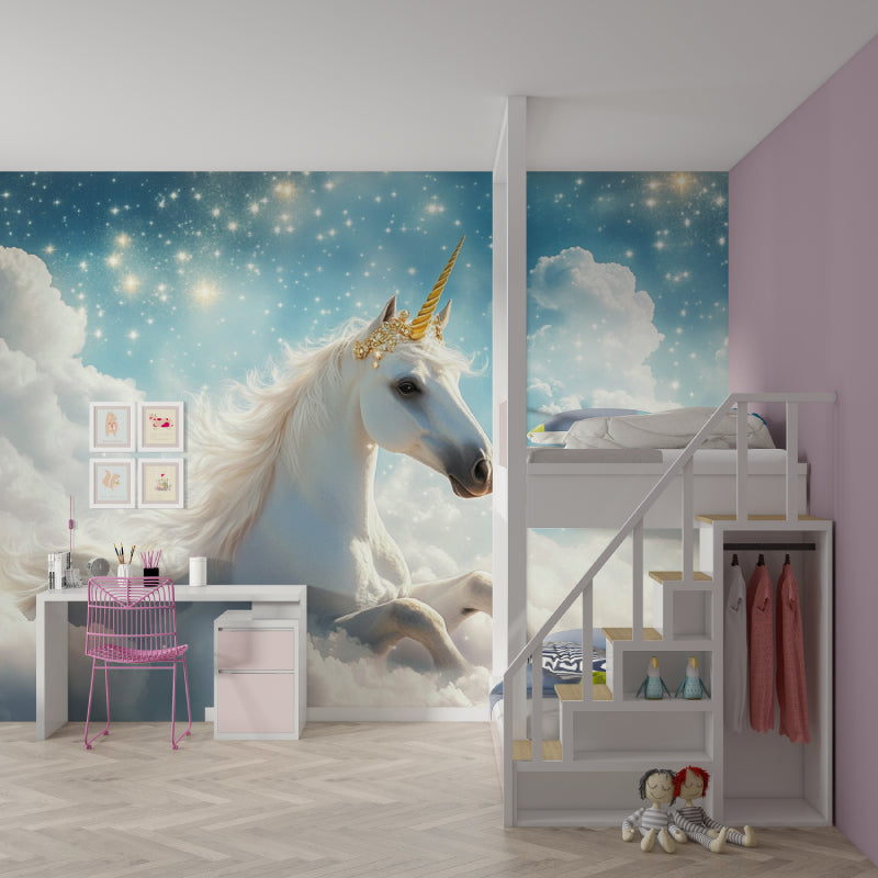 Magical Sky Wallpaper making a reading nook special with unicorn and star design