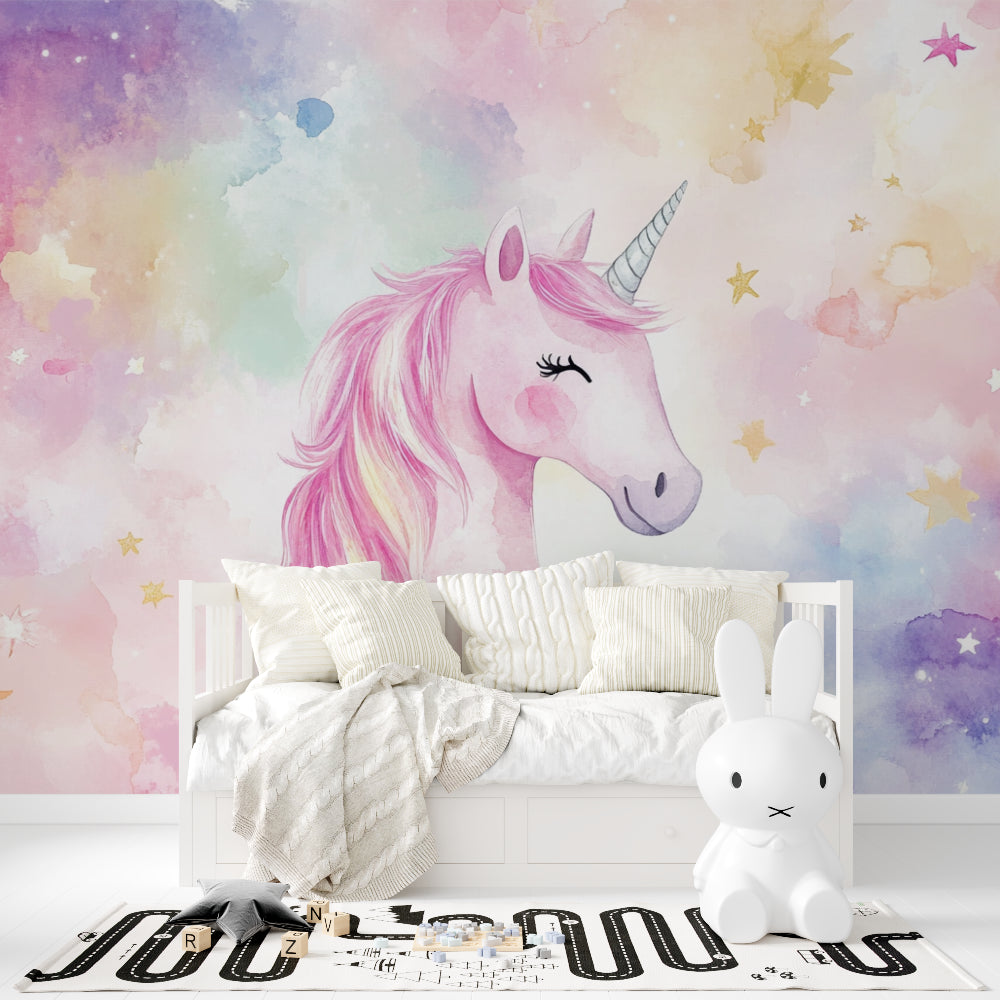 Pink Unicorn Wallpaper transforms a cozy bedroom into a magical haven with soft lighting and modern furniture