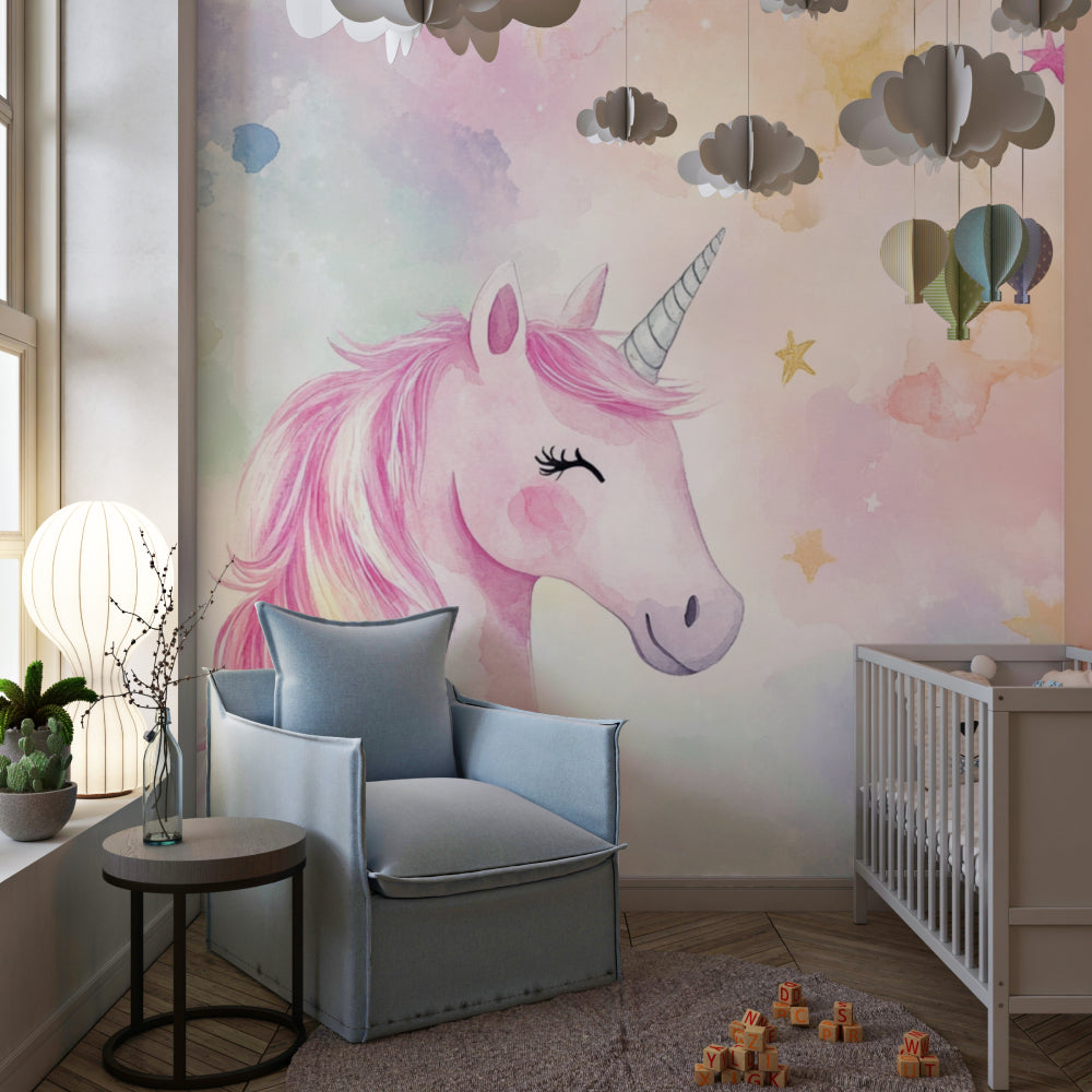 Unicorn Wall Mural creating a dreamy atmosphere in a girl's playroom with reading nook