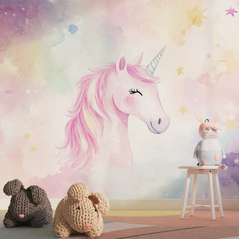 Magical Unicorn Wallpaper brightening up a nursery with white furniture and pink accents