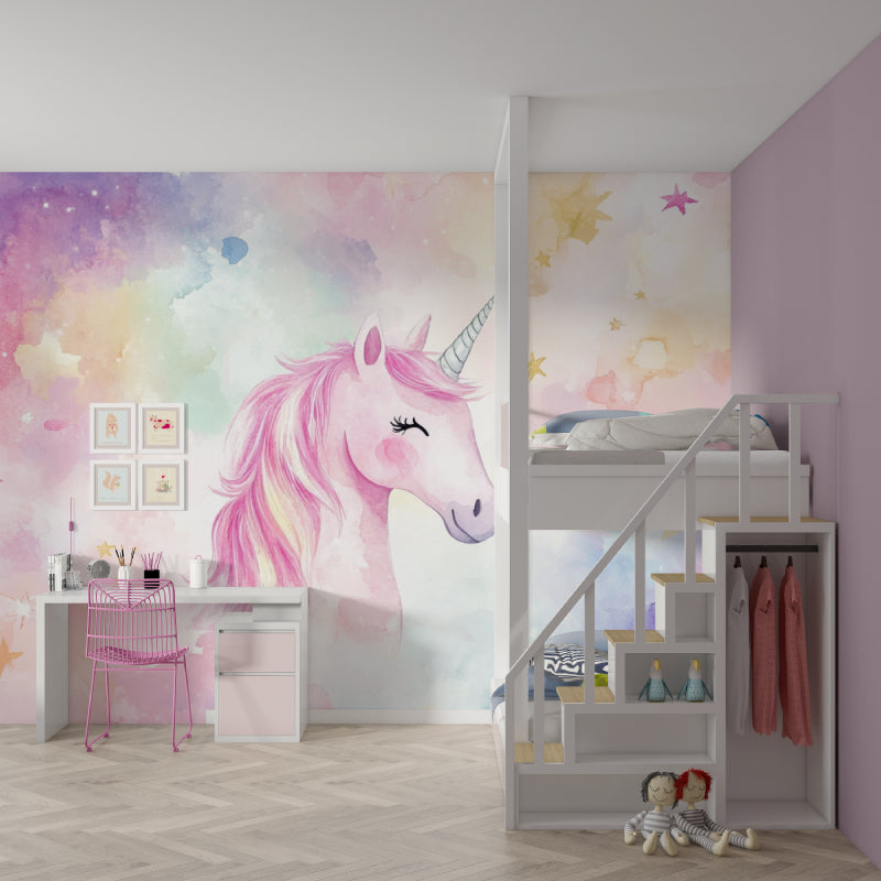 Pink and Gold Unicorn Mural making a statement in a modern kids bedroom with minimal decor