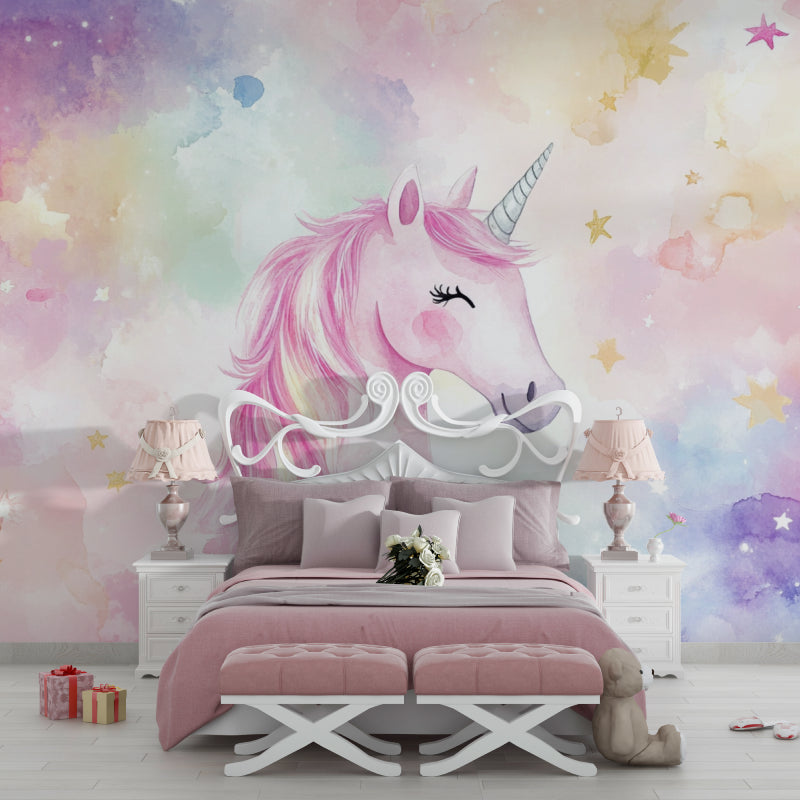 Unicorn Wallpaper Design adding whimsy to a children's study area with pastel decorations