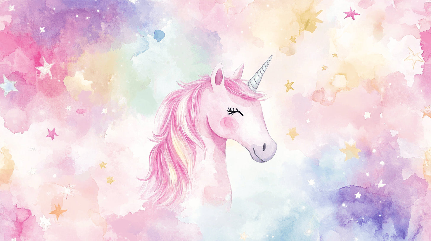 Design file showing detailed Unicorn Wallpaper pattern with watercolor effects and gold star elements
