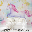 Magical Unicorn Wallpaper transforming a cozy children's bedroom with soft purple and pink tones